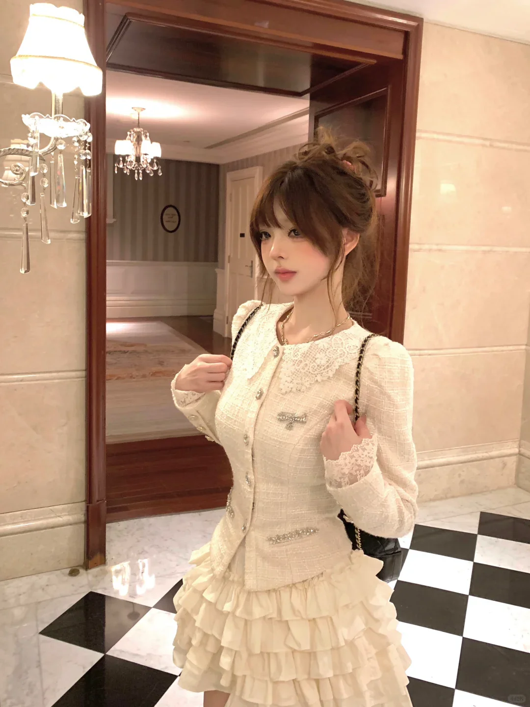 Lazy Girl Audrey Cream Tweed Jacket & Skirt Two Piece Set - Image 4