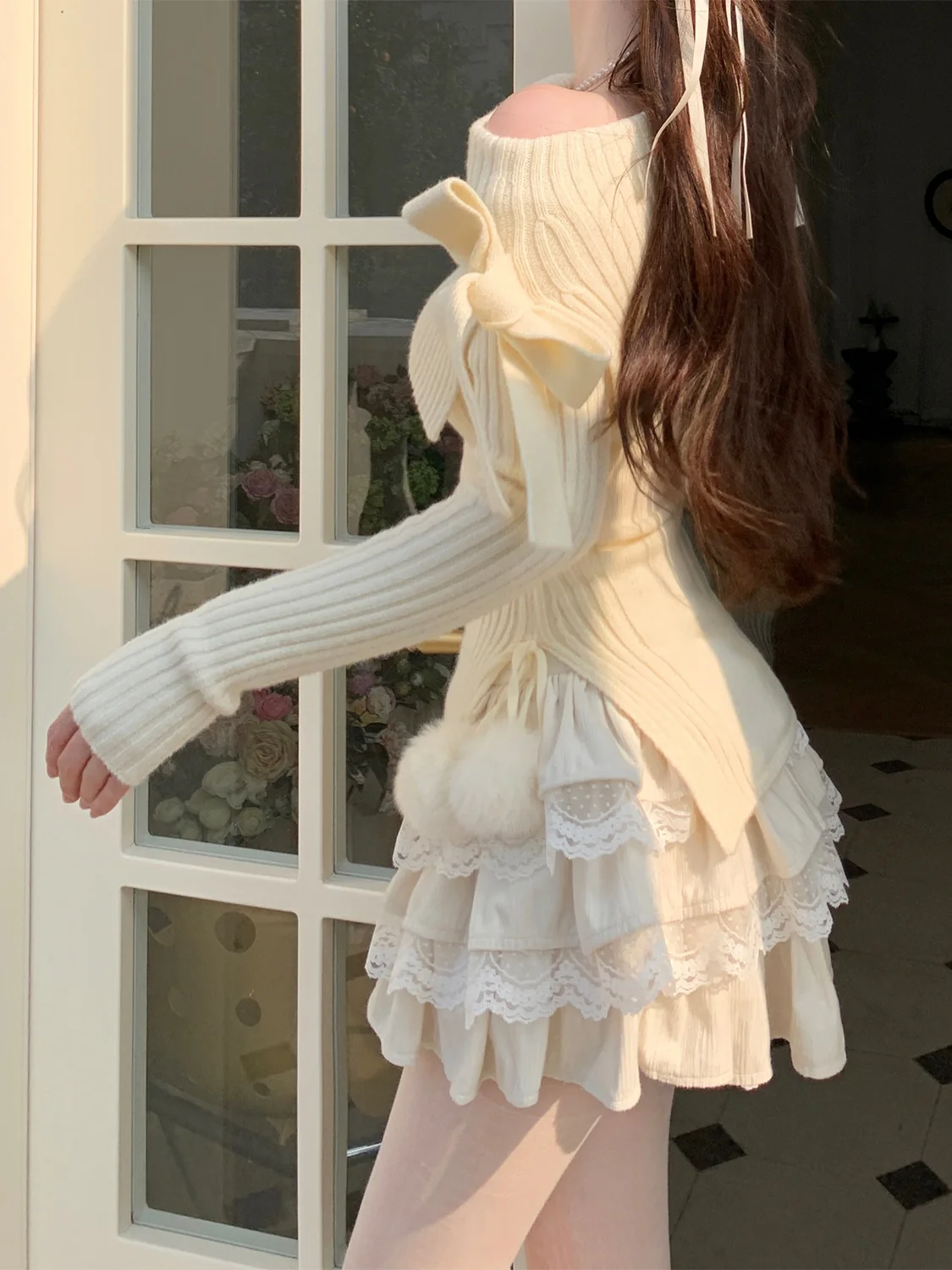 Acacia Knit Sweater Ruffled Lace White Mini Skirt Two Piece Set - Image 3