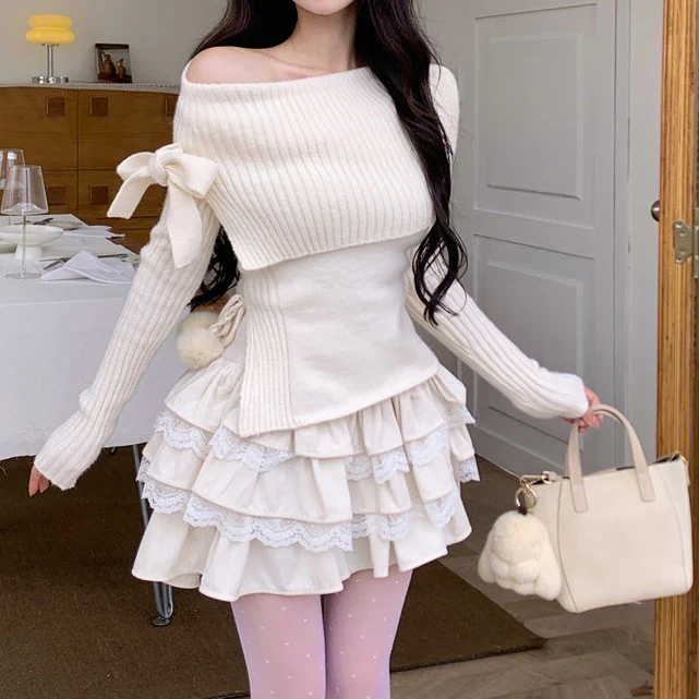 Acacia Knit Sweater Ruffled Lace White Mini Skirt Two Piece Set - Image 5