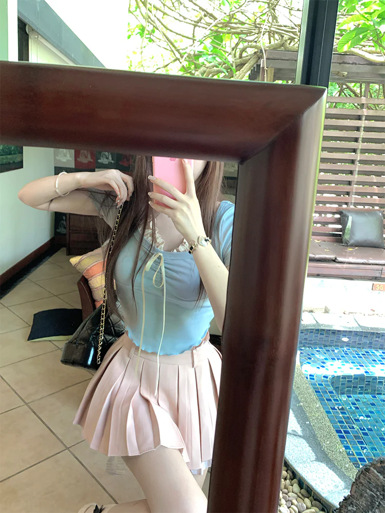 Lazy Girl First Love Toffee Sweet Pink Blue Beige Top Shirt - Image 5