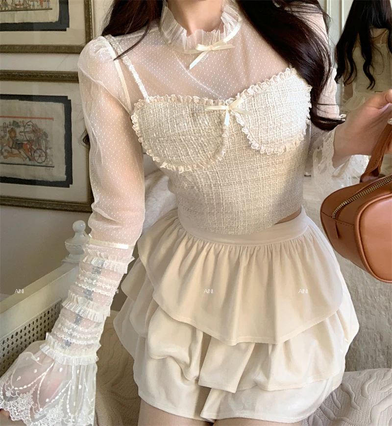 Lazy Girl Moonlight Letter Cream Beige Lace Mesh Shirt Top & Velvet Ruffled Skirt Two Piece Set - Image 2