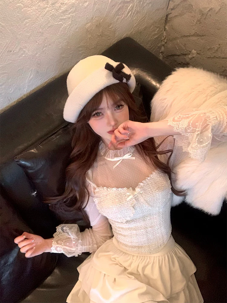 Lazy Girl Moonlight Letter Cream Beige Lace Mesh Shirt Top & Velvet Ruffled Skirt Two Piece Set - Image 4