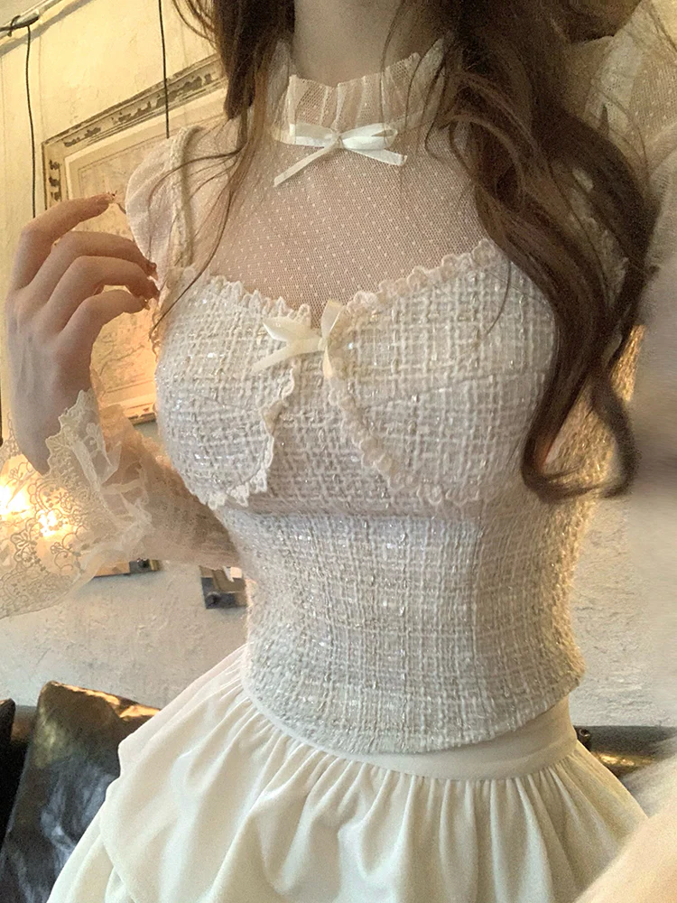 Lazy Girl Moonlight Letter Cream Beige Lace Mesh Shirt Top & Velvet Ruffled Skirt Two Piece Set - Image 5
