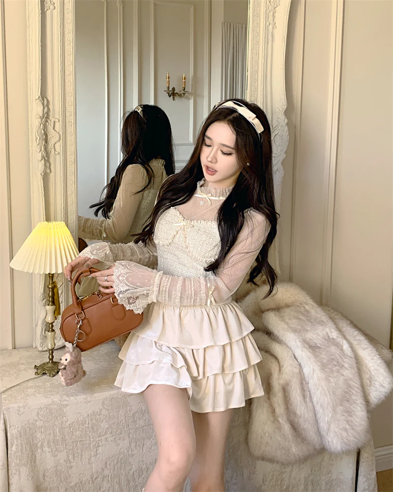 Lazy Girl Moonlight Letter Cream Beige Lace Mesh Shirt Top & Velvet Ruffled Skirt Two Piece Set - Image 6