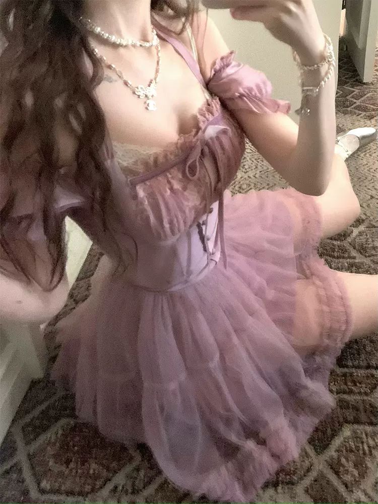 Lazy Girl Purple Mist Floral Print Puff Sleeve Short Dress - Image 2