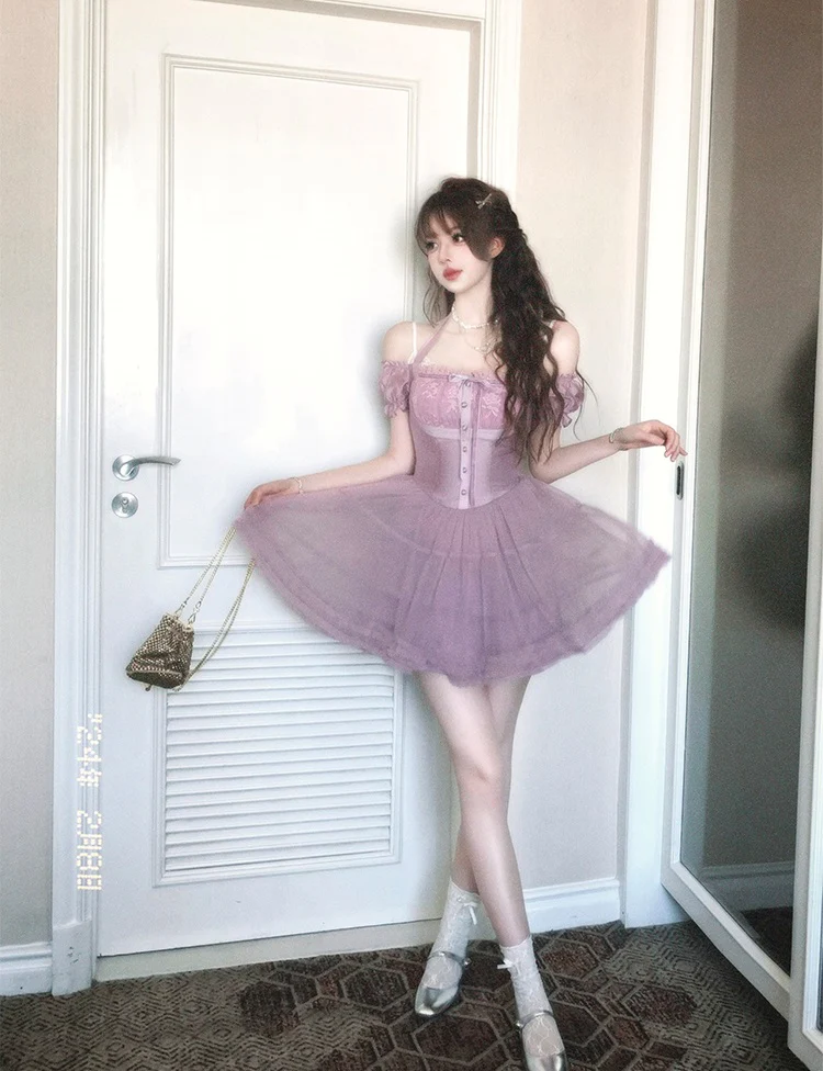 Lazy Girl Purple Mist Floral Print Puff Sleeve Short Dress - Image 3