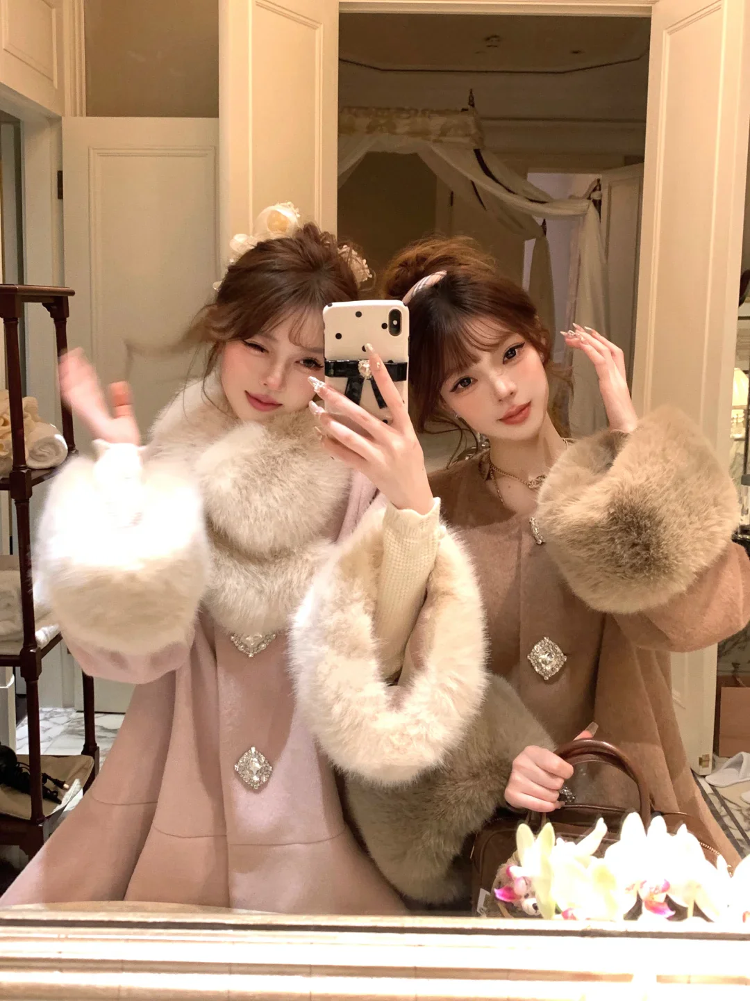 Lazy Girl Thousand Gold Brown Pink Fur Collar Coat - Image 2