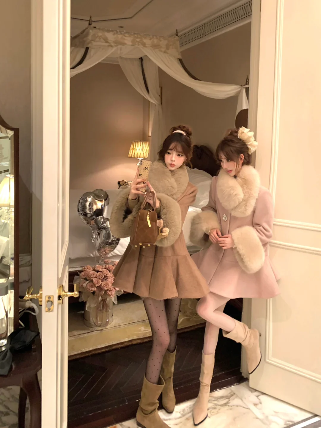 Lazy Girl Thousand Gold Brown Pink Fur Collar Coat - Image 3