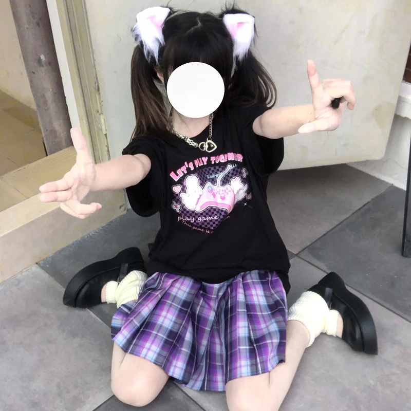 Let's Play Together Rabbit Black White Print Cotton Short Sleeved Oversize T-shirt - Image 3