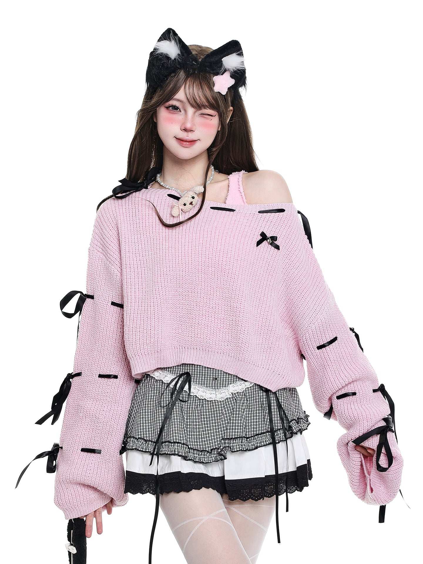 Young Eyes Little Black Bow Pink Knit Oversize Sweater