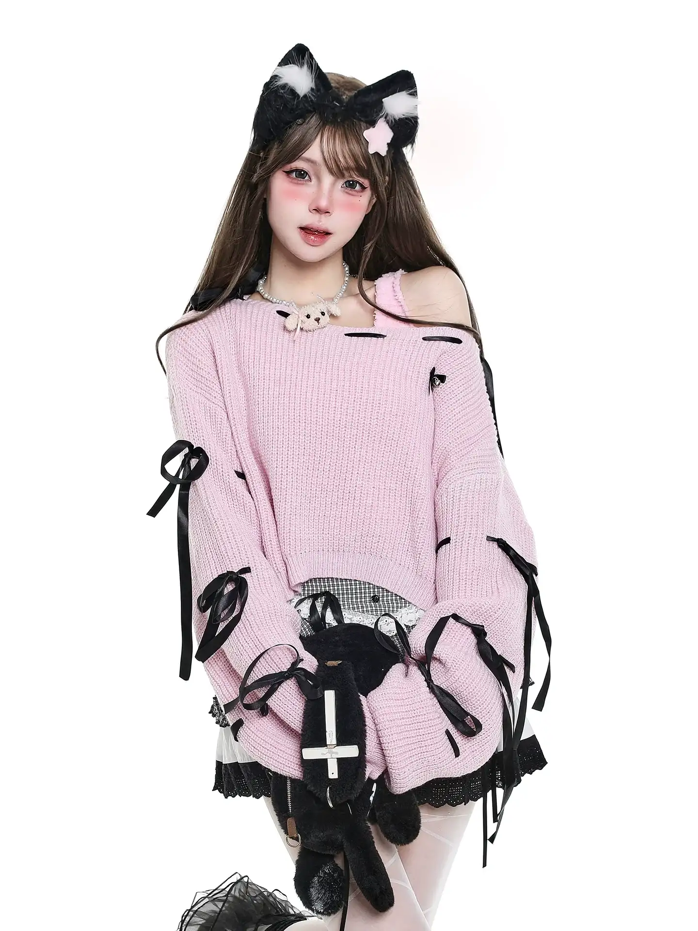 Young Eyes Little Black Bow Pink Knit Oversize Sweater - Image 4