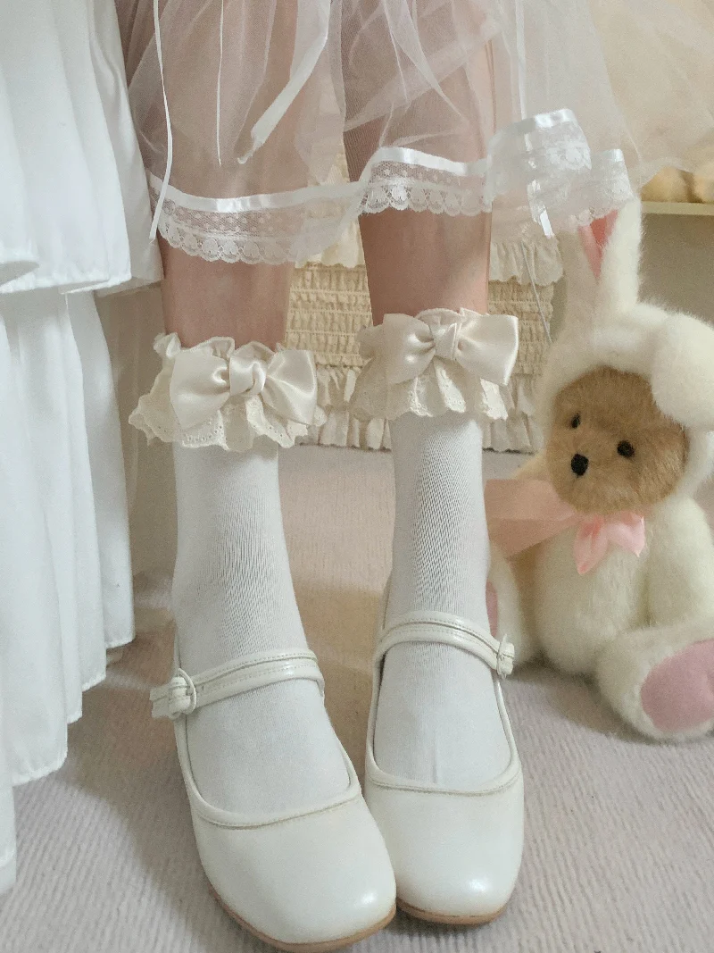Little Bow Pink Blue Cream Crew Socks - Image 3