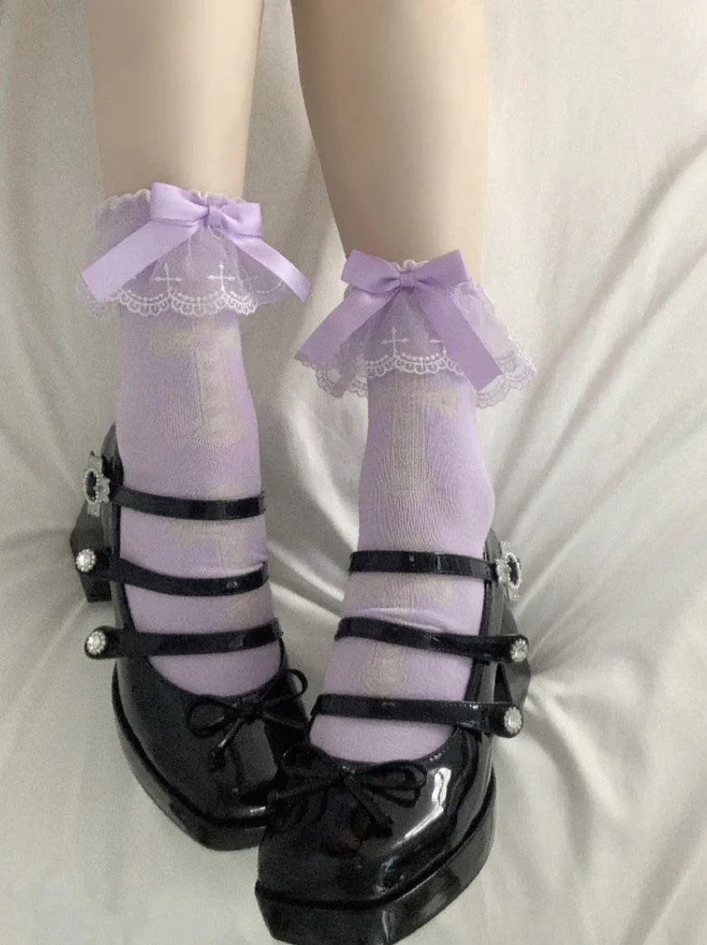 Lolita Cross White Pink Purple Lace Bow Small Socks - Image 3