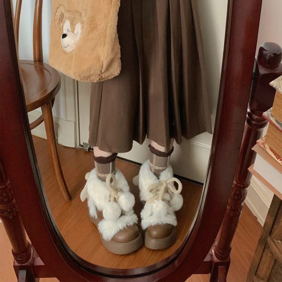 Puffy Sheep Lolita Fluffy Cupid Cute Pompom Balls Winter Fur Velvet Cotton Shoes Snow Boots - Image 11
