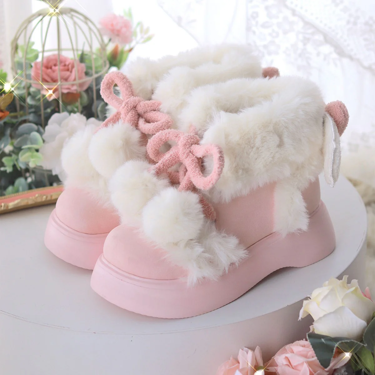 Puffy Sheep Lolita Fluffy Cupid Cute Pompom Balls Winter Fur Velvet Cotton Shoes Snow Boots - Image 9