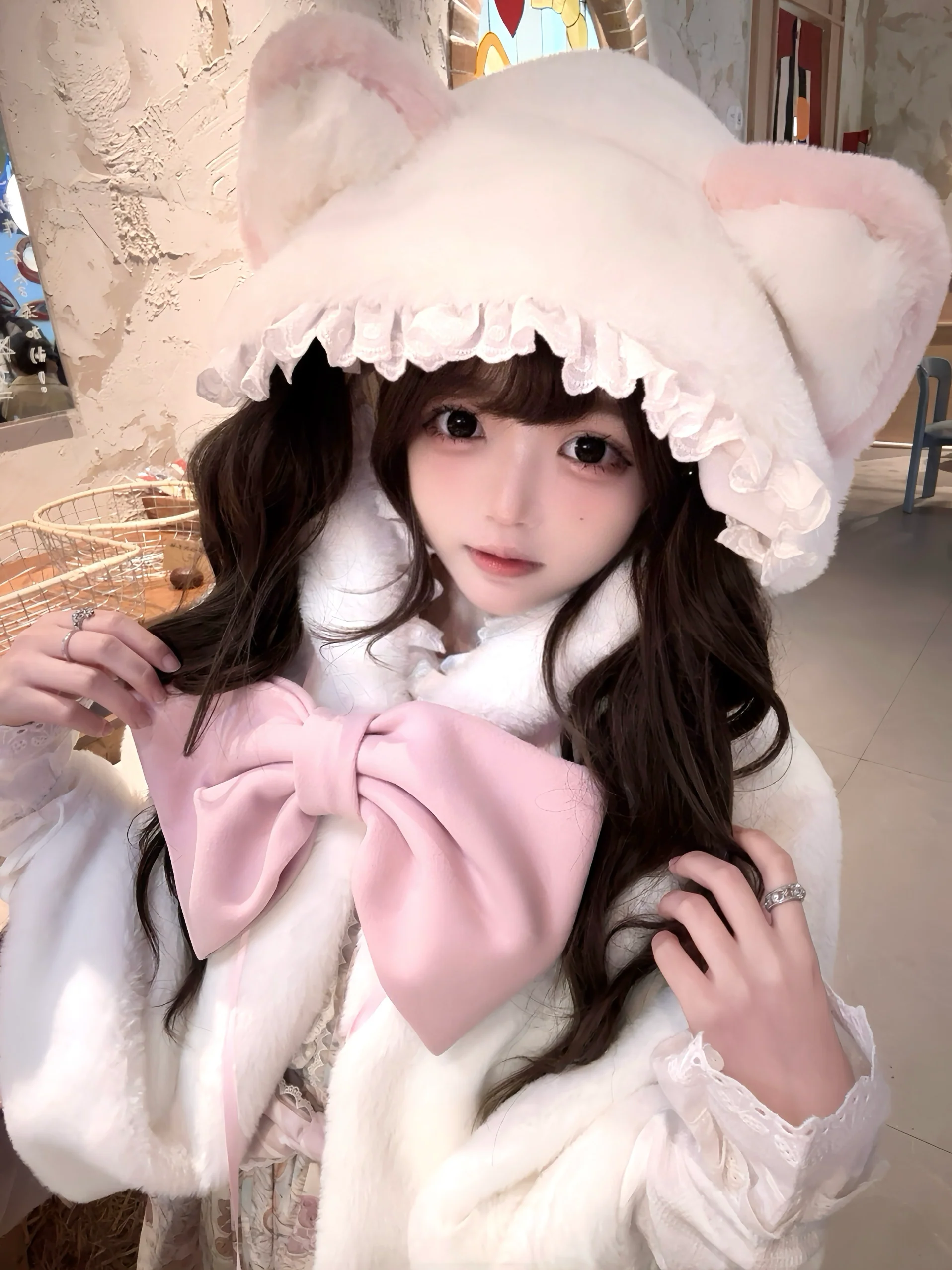 Lolita Meow Meow Car Ears White Plush Jacket Cape - Image 2