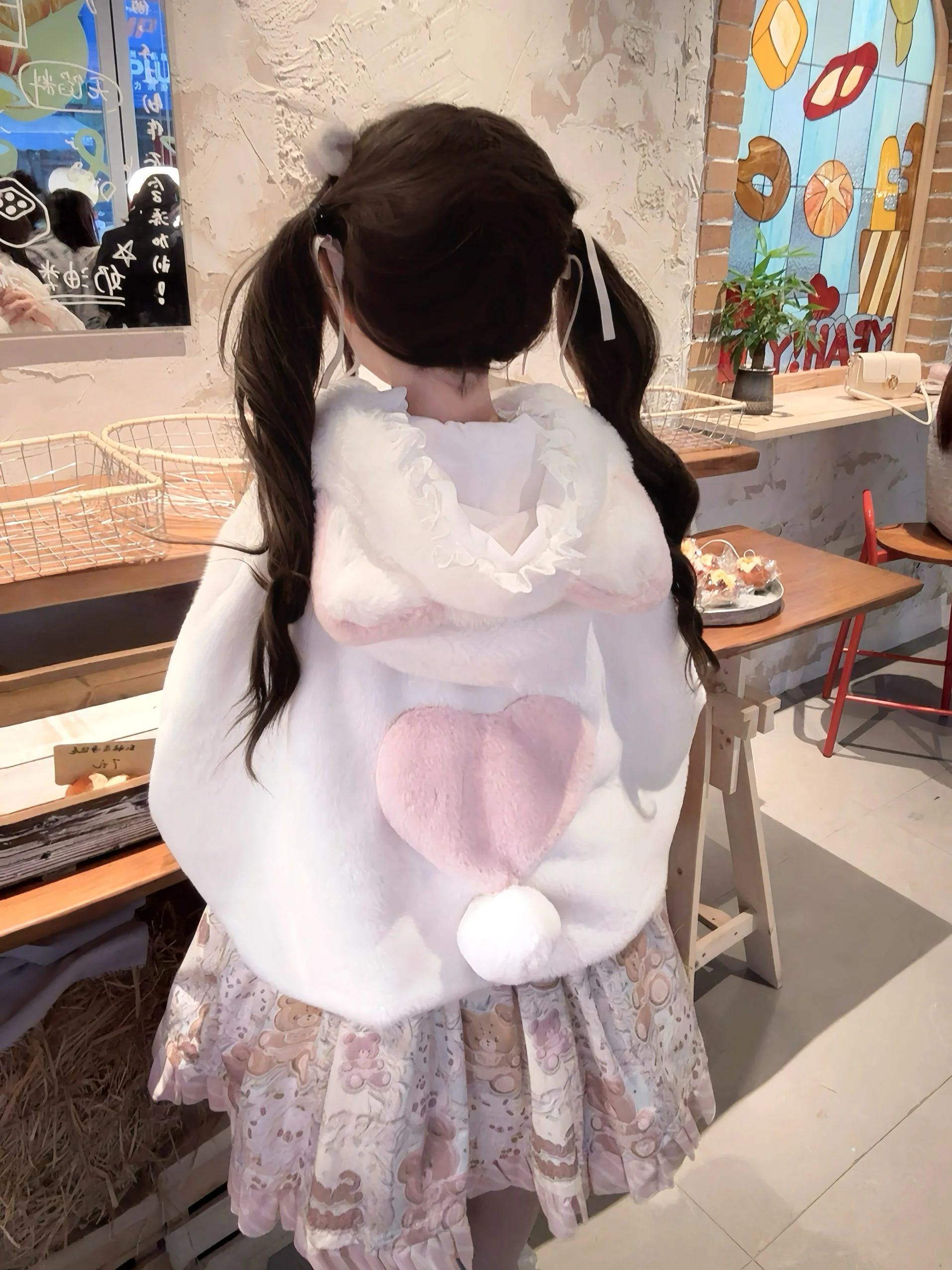 Lolita Meow Meow Car Ears White Plush Jacket Cape - Image 4