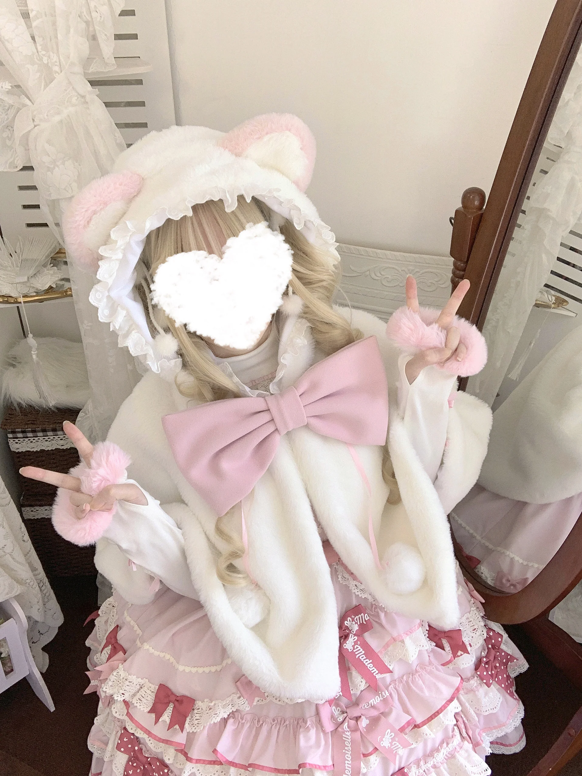 Lolita Meow Meow Car Ears White Plush Jacket Cape - Image 5