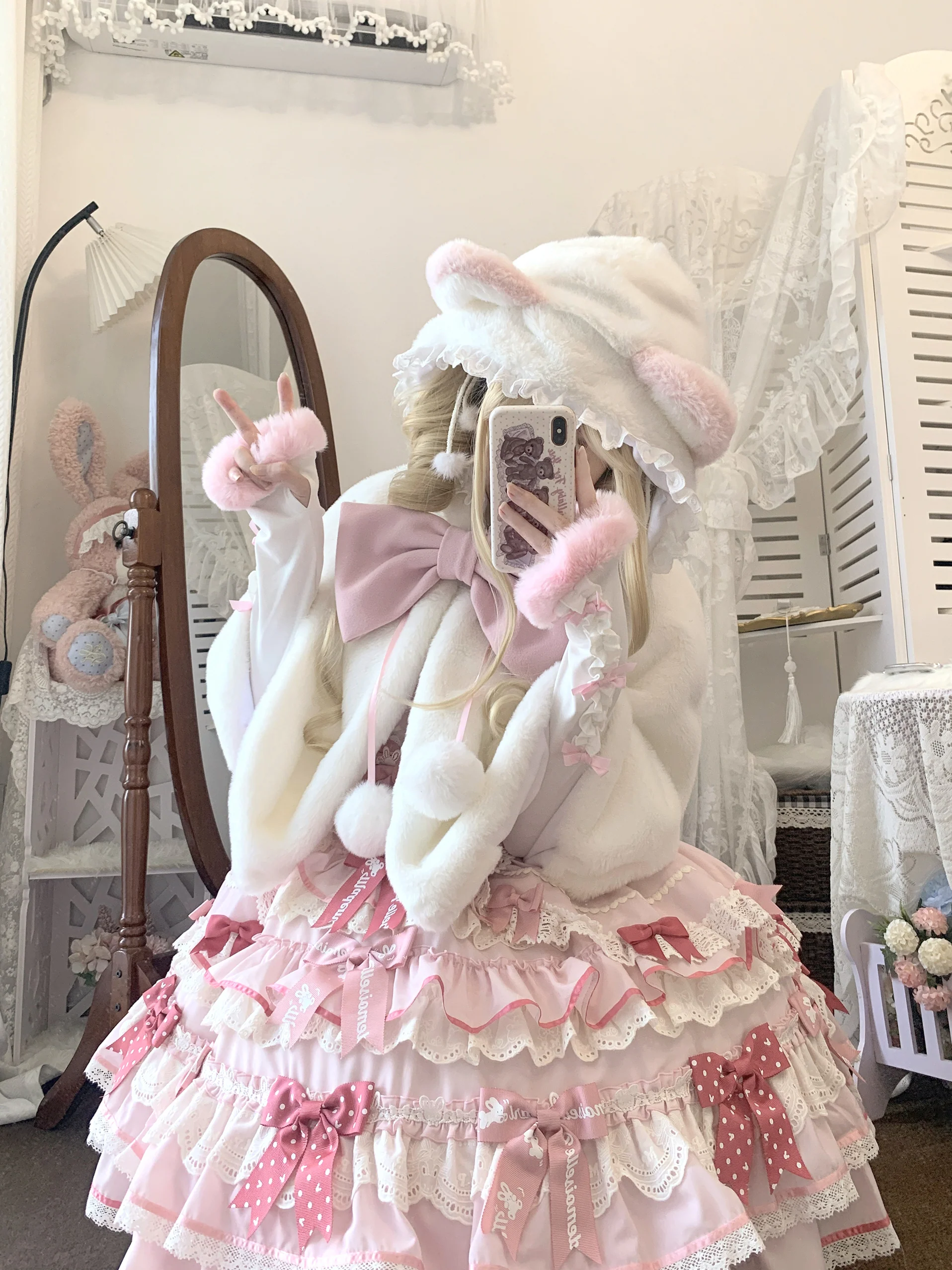 Lolita Meow Meow Car Ears White Plush Jacket Cape - Image 6