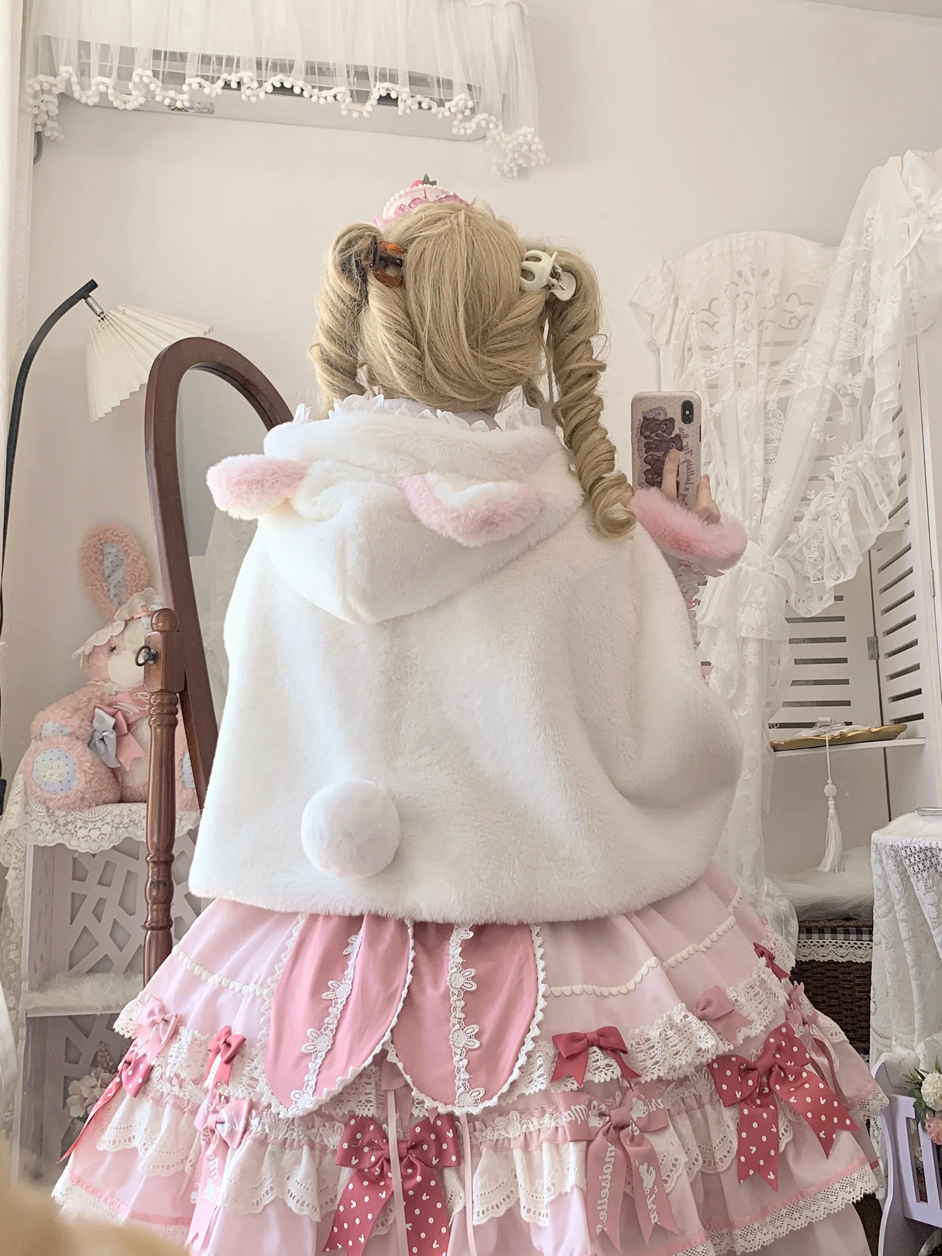 Lolita Meow Meow Car Ears White Plush Jacket Cape - Image 8