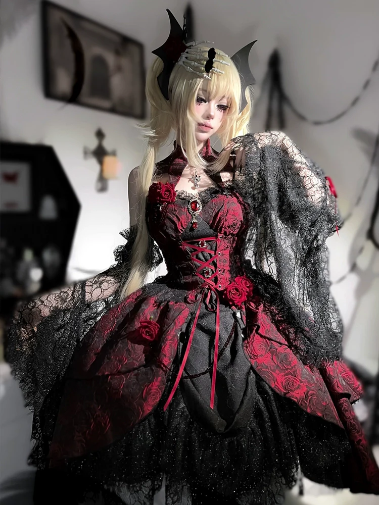 Lolita Red Rose Halloween Princess Black Lace Dress - Image 3