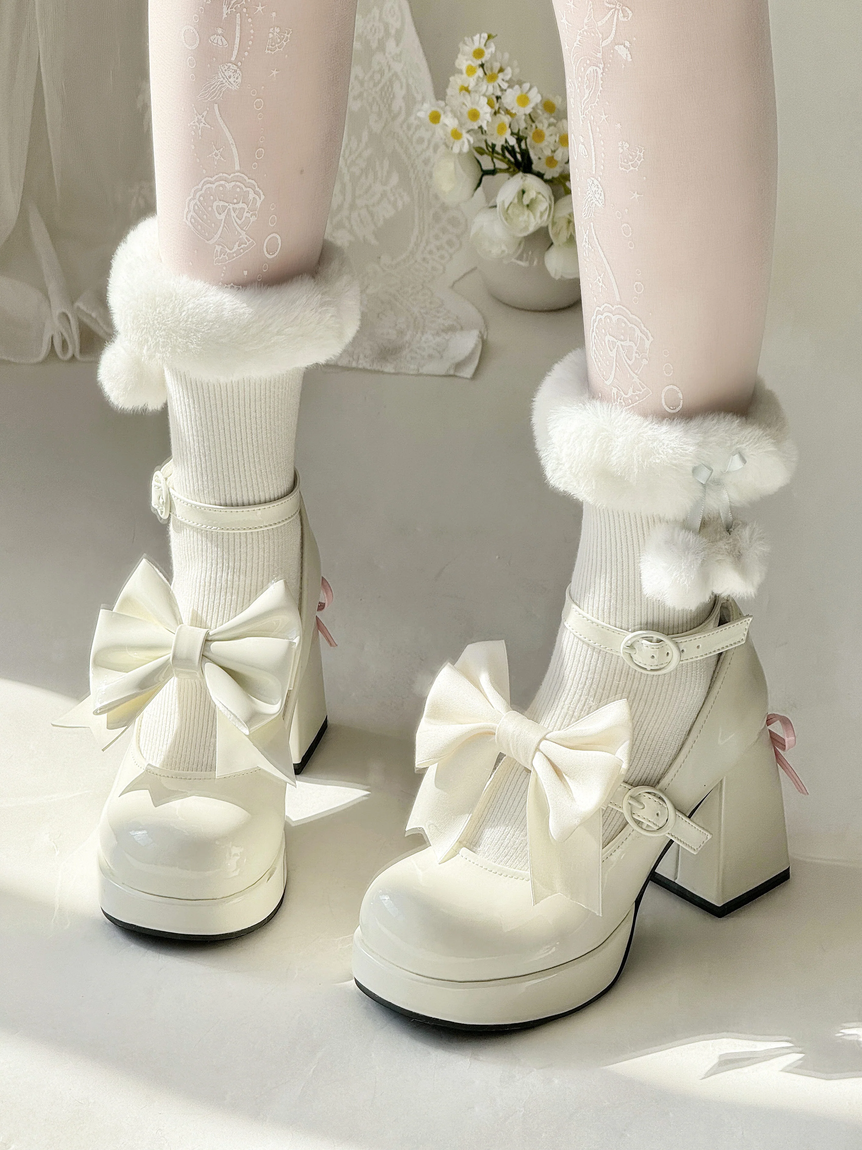 Love Letter Heart Track Lolita Black White Pink Blue Bow High Heels Shoes - Image 12