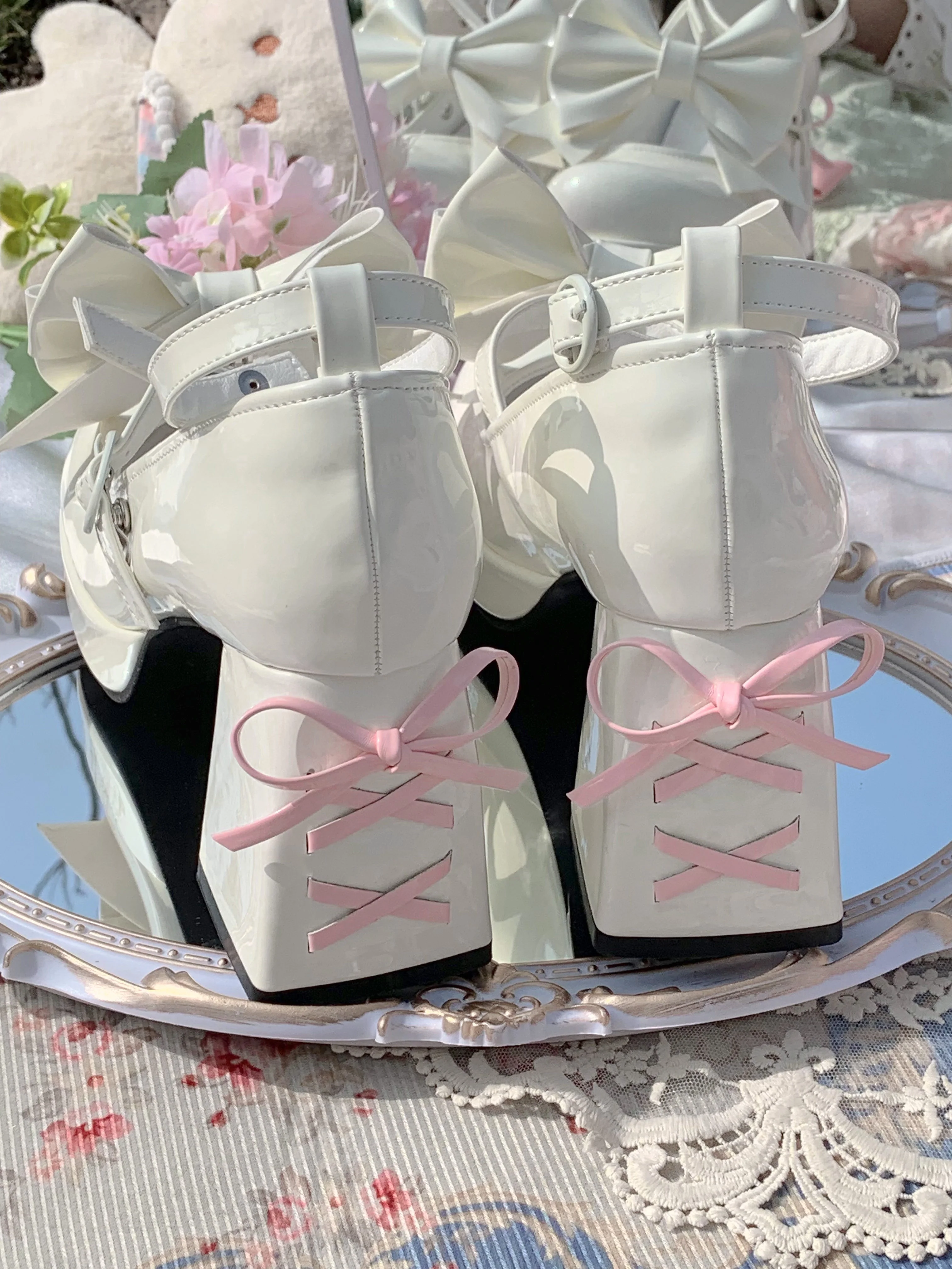 Love Letter Heart Track Lolita Black White Pink Blue Bow High Heels Shoes - Image 13