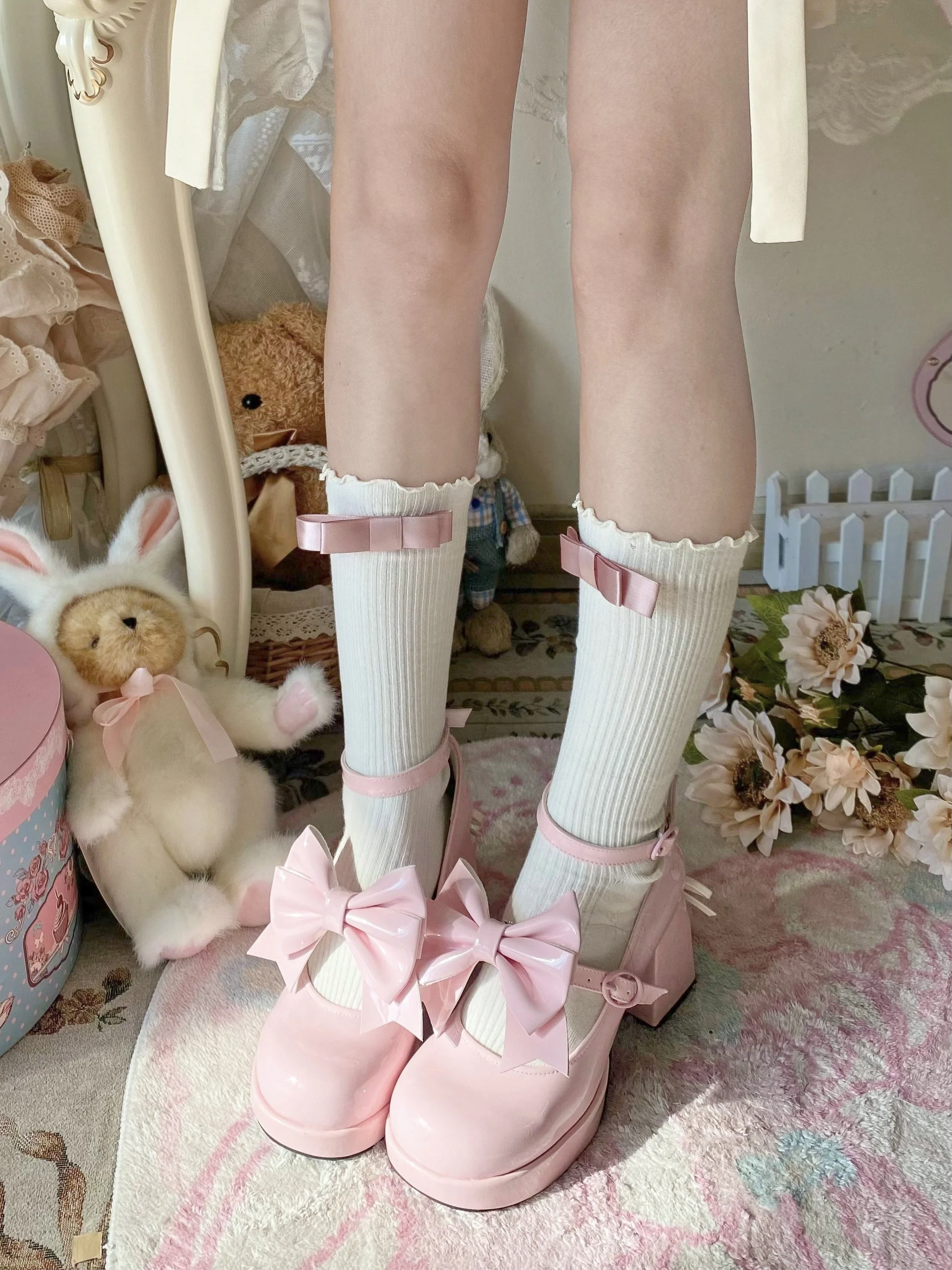 Love Letter Heart Track Lolita Black White Pink Blue Bow High Heels Shoes - Image 3