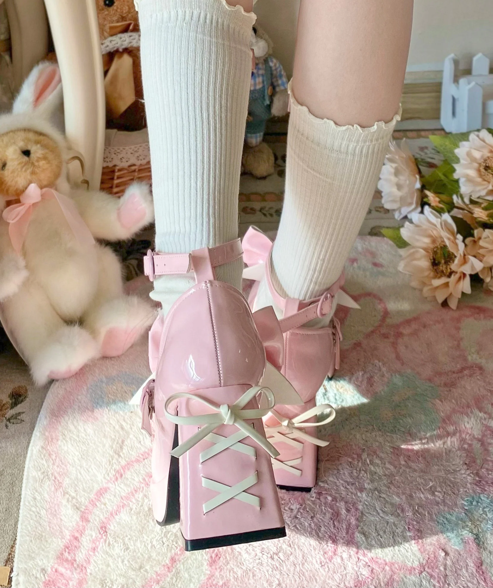 Love Letter Heart Track Lolita Black White Pink Blue Bow High Heels Shoes - Image 4