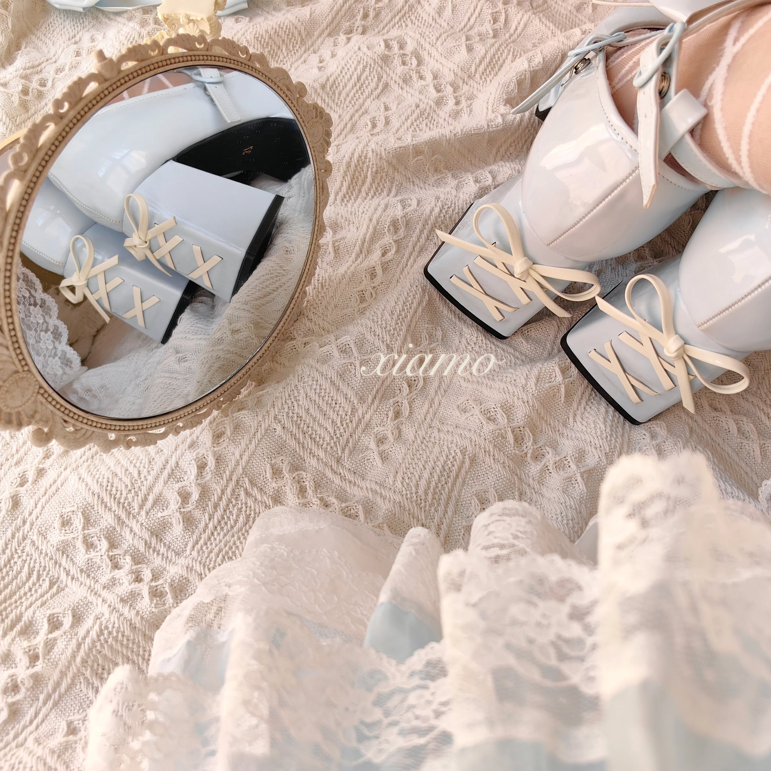 Love Letter Heart Track Lolita Black White Pink Blue Bow High Heels Shoes - Image 5