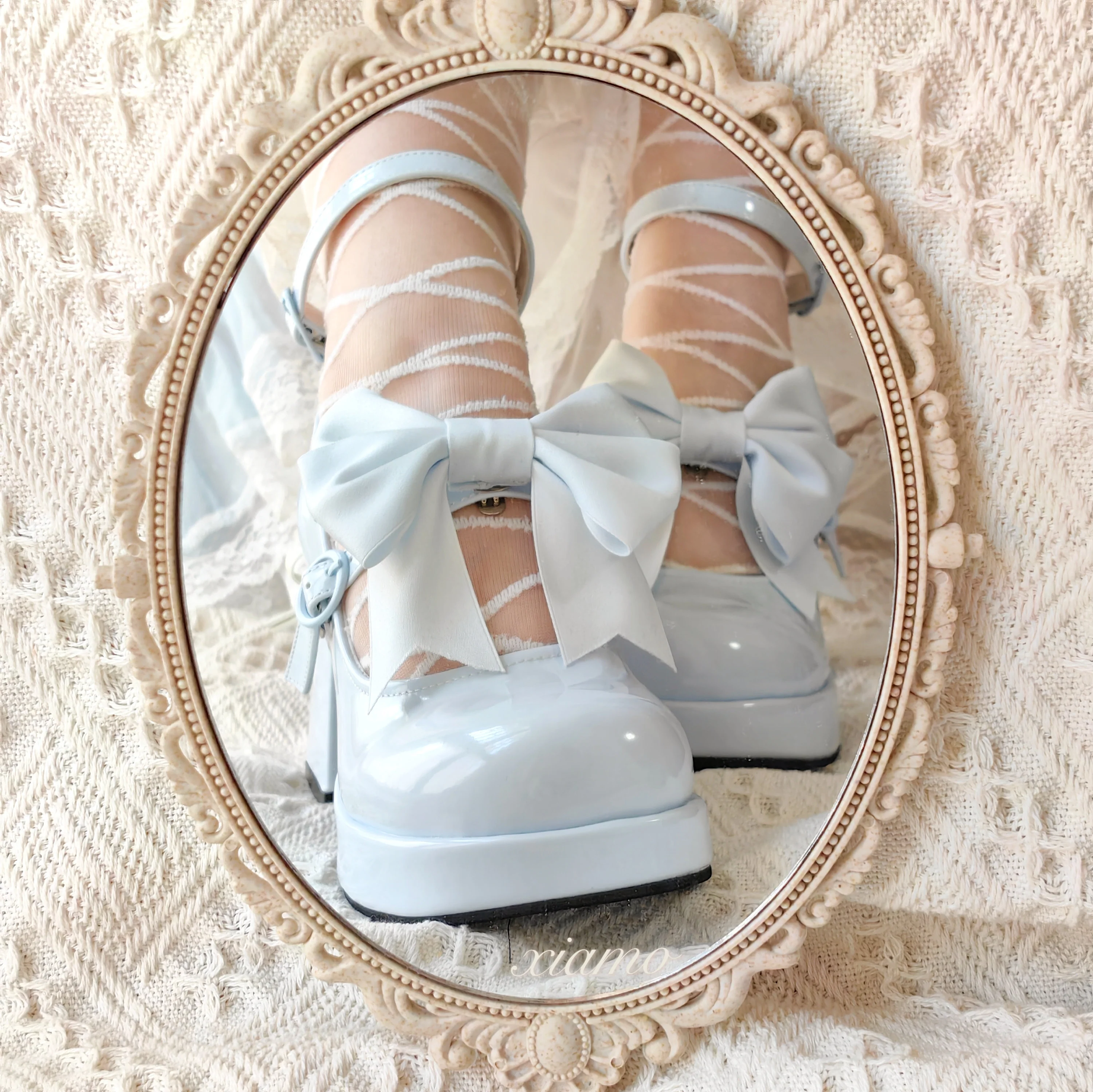 Love Letter Heart Track Lolita Black White Pink Blue Bow High Heels Shoes - Image 6