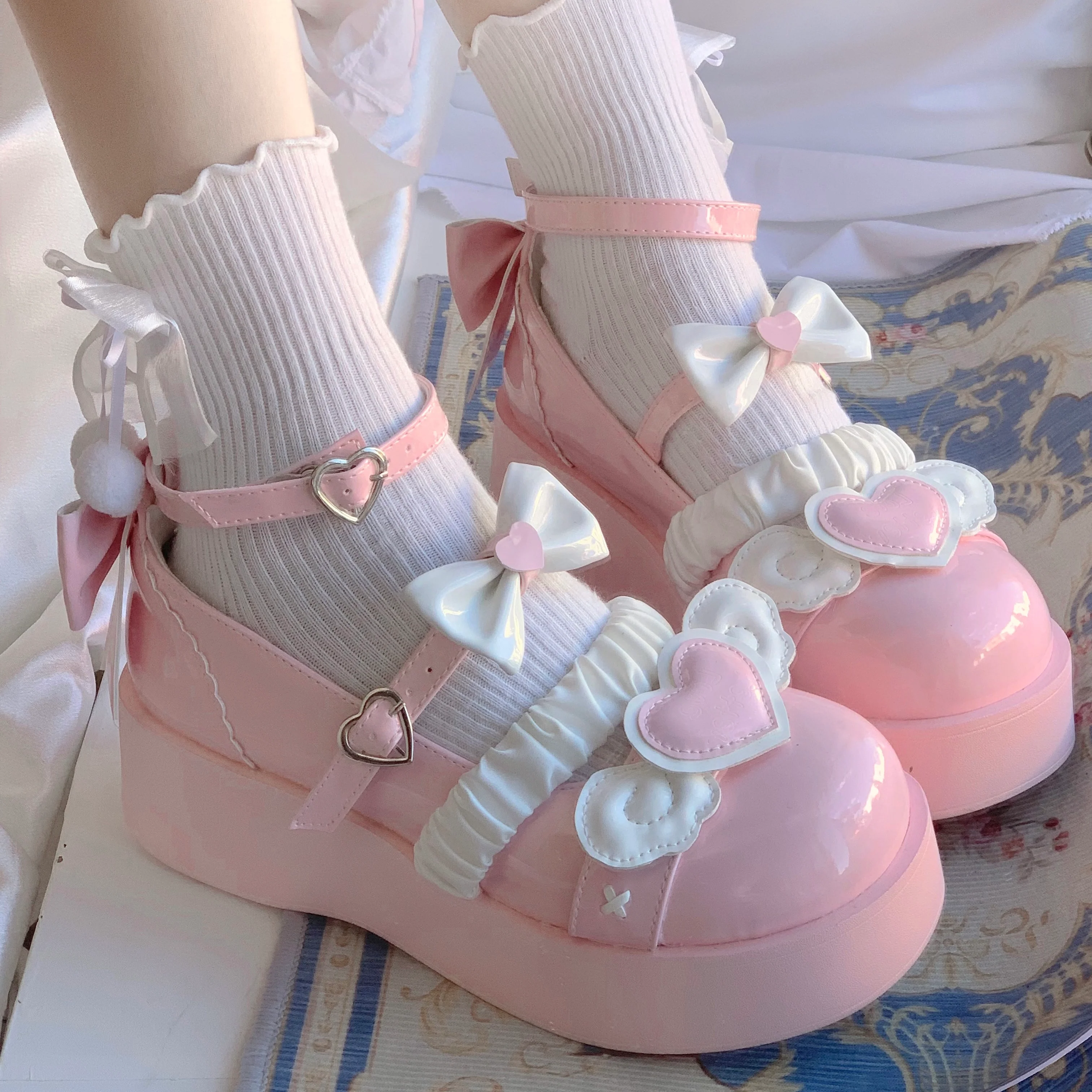 Love Letter Sweet Cupid Lolita Heart Black Pink Blue Beige Mary Jane Shoes - Image 2