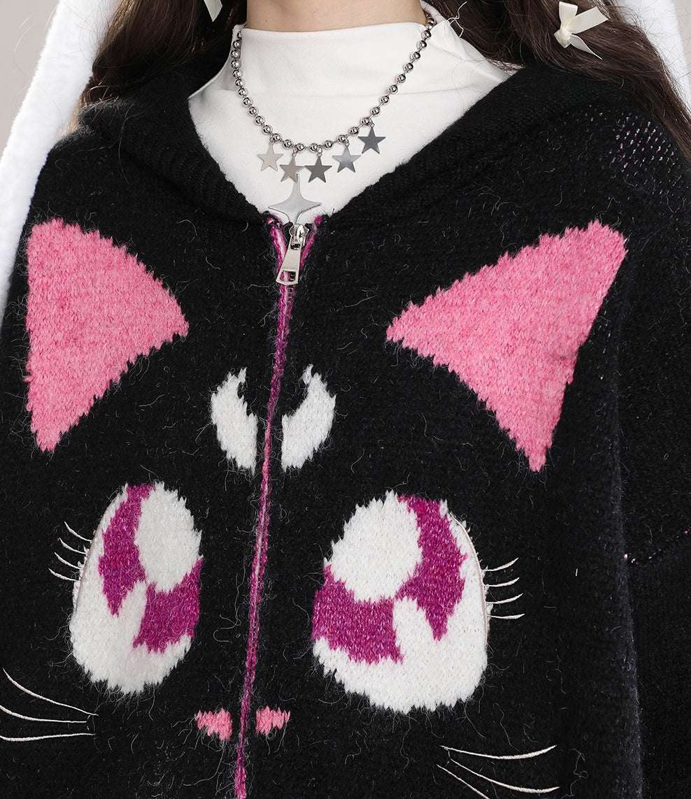 Young Eyes Luna Cat Gray Black Soft Knit Zip Up Jacket - Image 5