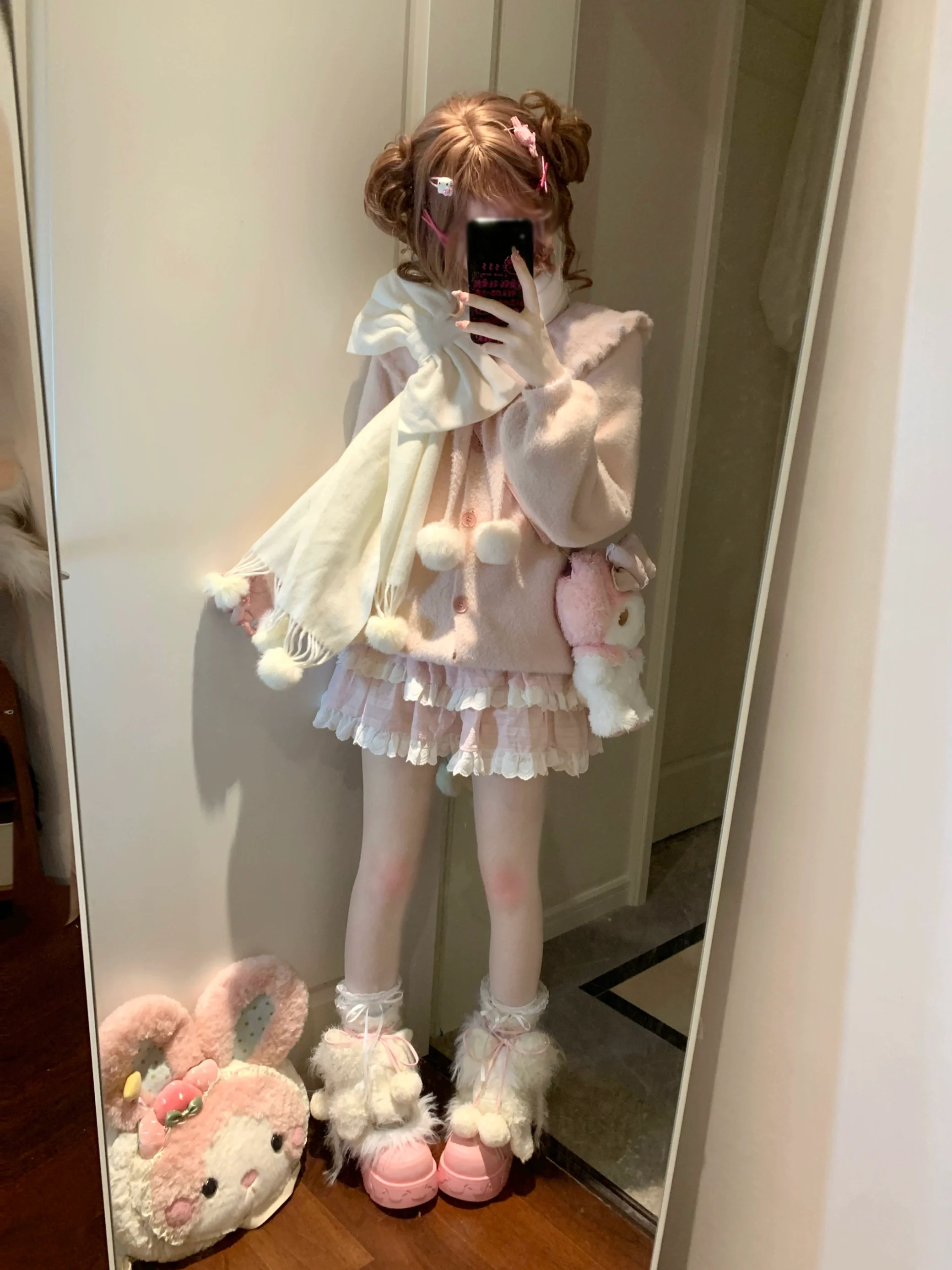 Luyu Soft White Pink Blue Knit Sweater & Skirt & Scarf Three Piece Set - Image 15