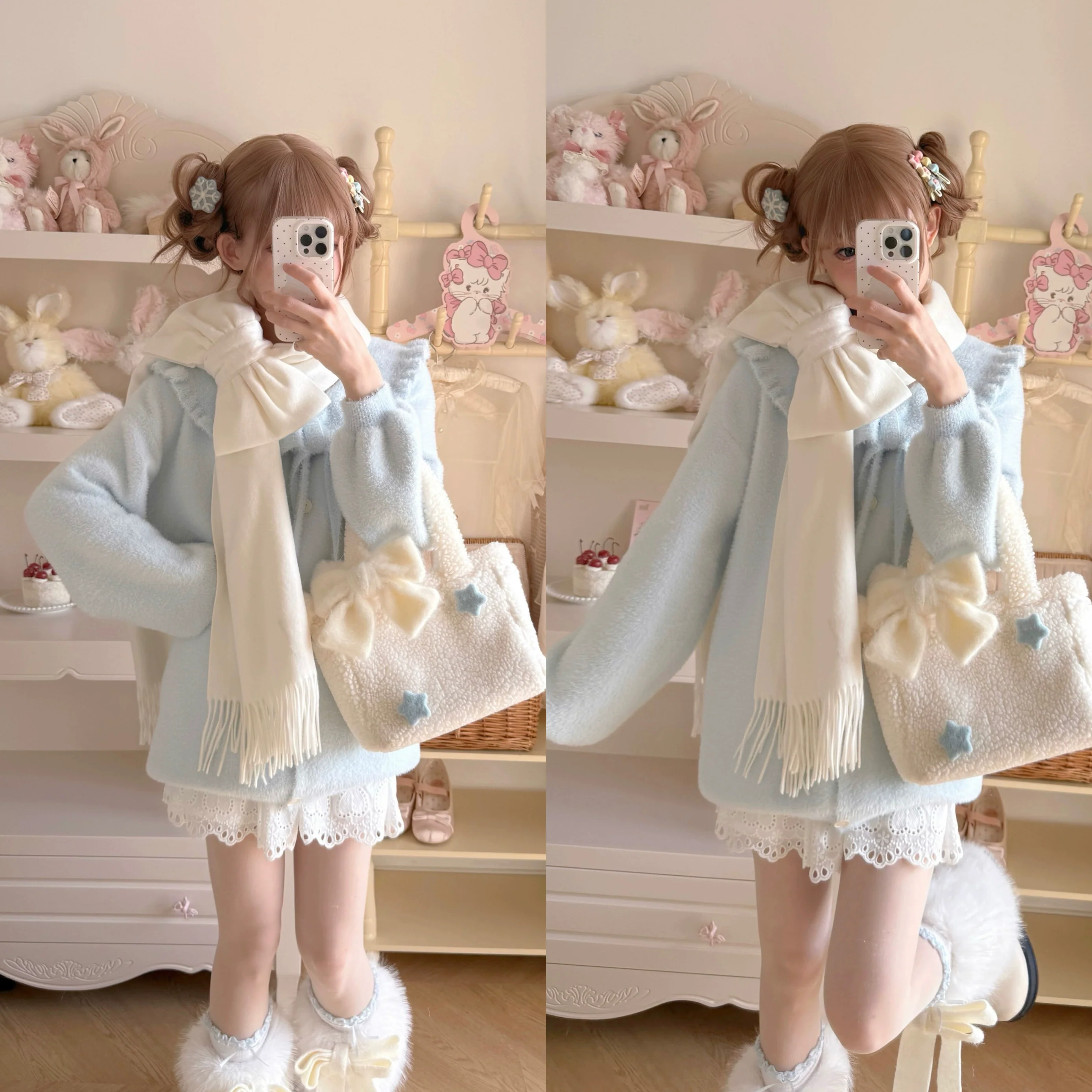 Luyu Soft White Pink Blue Knit Sweater & Skirt & Scarf Three Piece Set - Image 3
