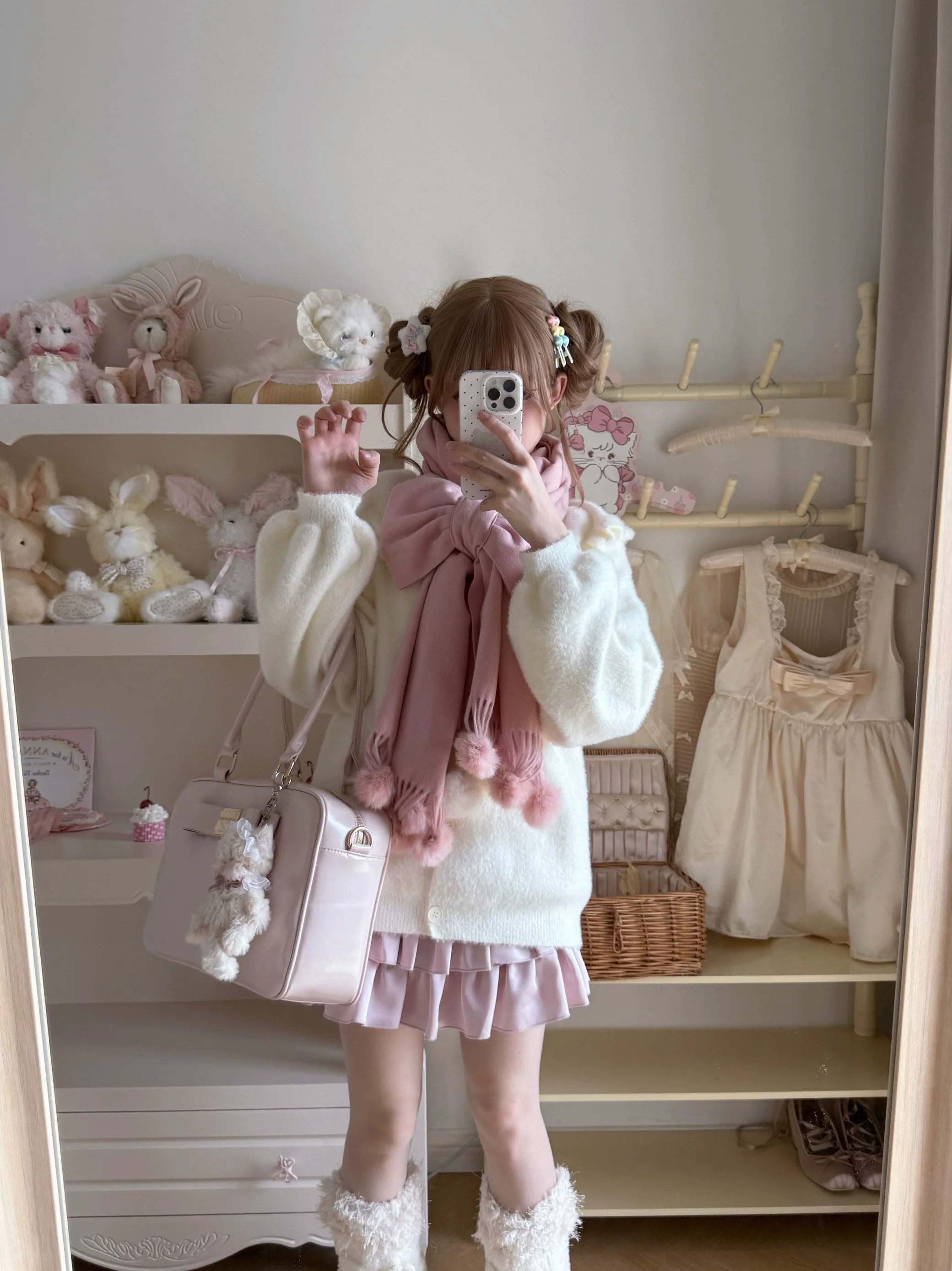 Luyu Soft White Pink Blue Knit Sweater & Skirt & Scarf Three Piece Set - Image 6