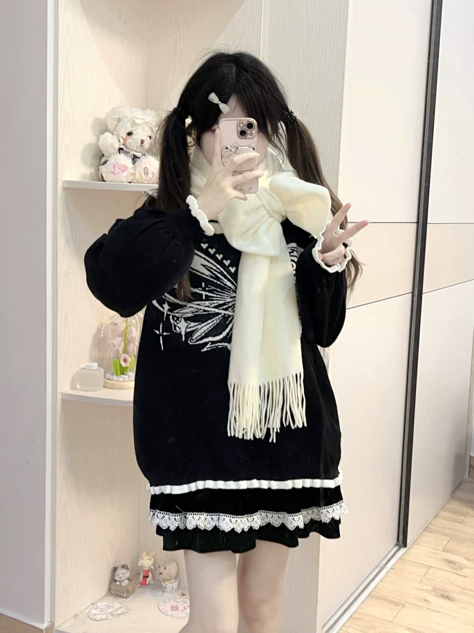 Luyu Soft White Pink Blue Knit Sweater & Skirt & Scarf Three Piece Set - Image 7
