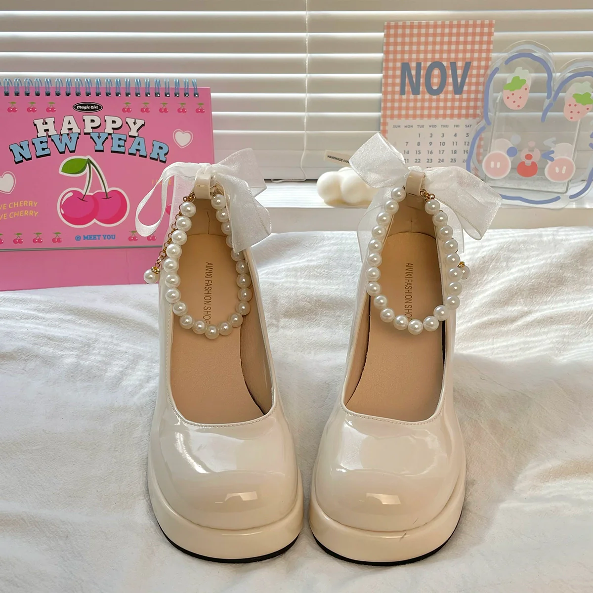 Mary Jane Bow Pearl Retro Classic Black White High Heels Shoes - Image 5