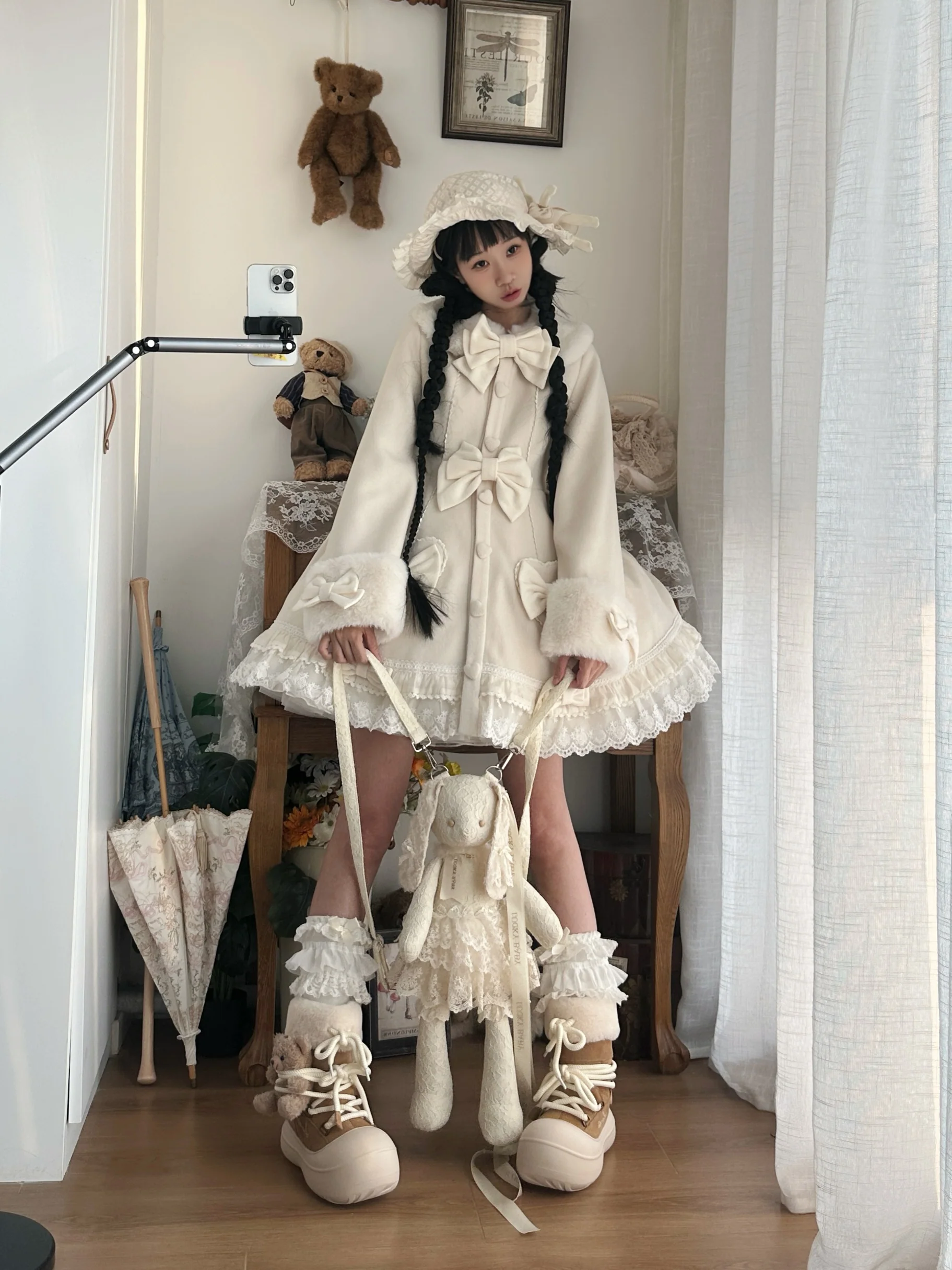 Meow Fruit Thousands Bows Pink Mint Green White Winter Overcoat Cape Set - Image 10
