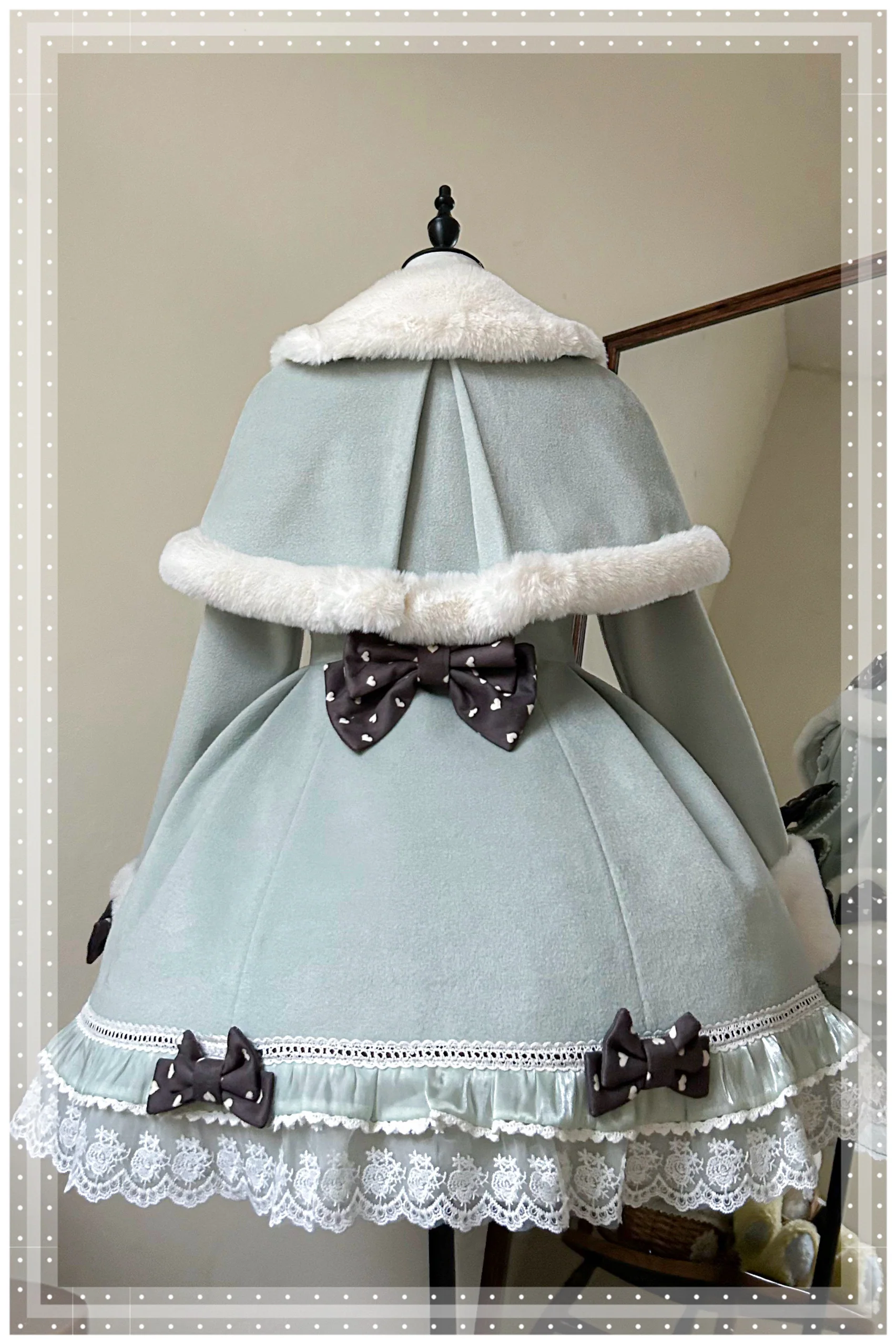 Meow Fruit Thousands Bows Pink Mint Green White Winter Overcoat Cape Set - Image 8