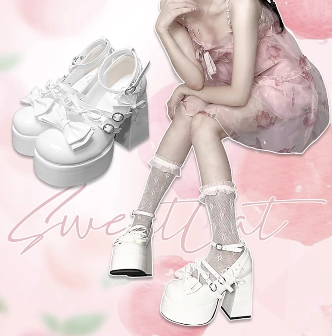Meow Meow Heart Summer Sweetheart Lolita Blue Pink White Black High Heels Shoes - Image 6