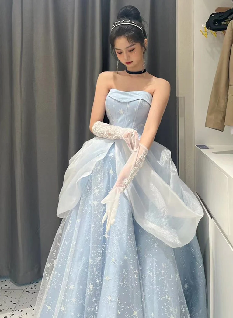 Midnight Cinderella Prom Evening Party Elegant Blue Gown Princess Fairy Puff Sleeve Tube Dress - Image 2