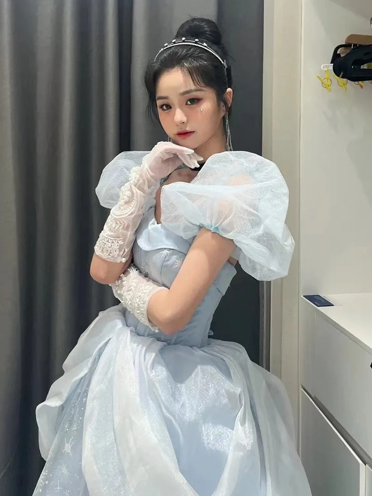 Midnight Cinderella Prom Evening Party Elegant Blue Gown Princess Fairy Puff Sleeve Tube Dress - Image 3