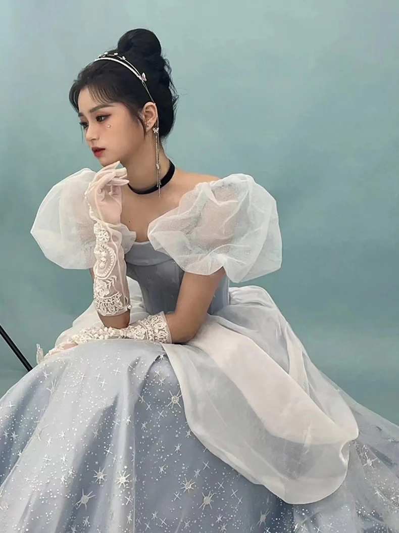 Midnight Cinderella Prom Evening Party Elegant Blue Gown Princess Fairy Puff Sleeve Tube Dress - Image 4