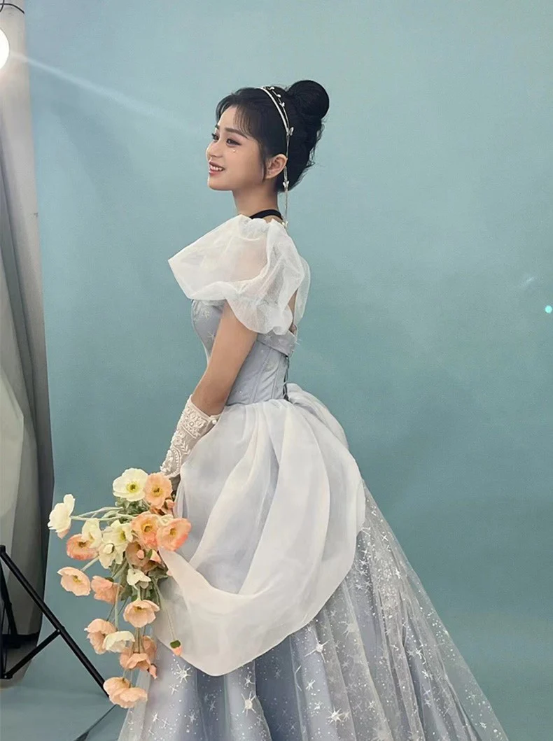 Midnight Cinderella Prom Evening Party Elegant Blue Gown Princess Fairy Puff Sleeve Tube Dress - Image 5