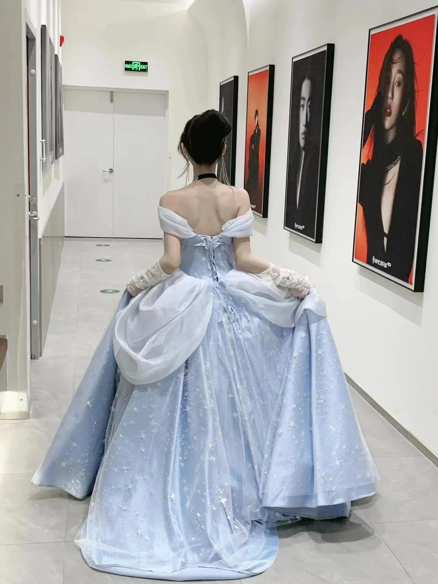 Midnight Cinderella Prom Evening Party Elegant Blue Gown Princess Fairy Puff Sleeve Tube Dress - Image 6