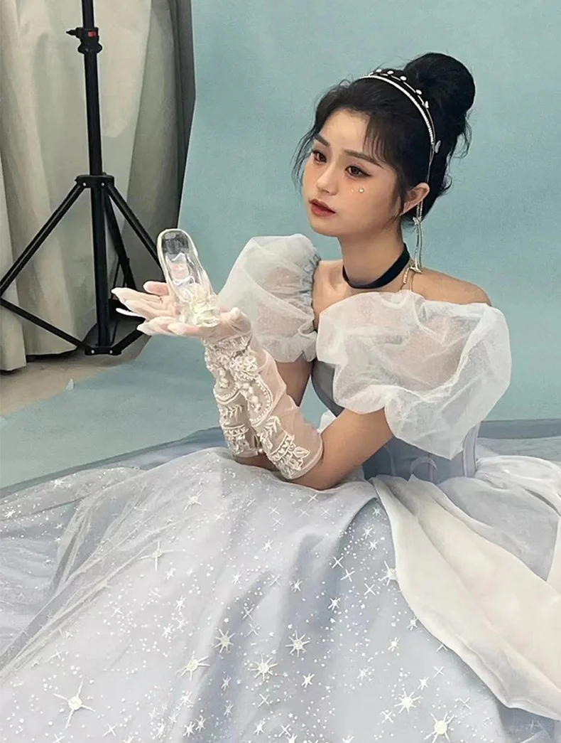 Midnight Cinderella Prom Evening Party Elegant Blue Gown Princess Fairy Puff Sleeve Tube Dress - Image 7