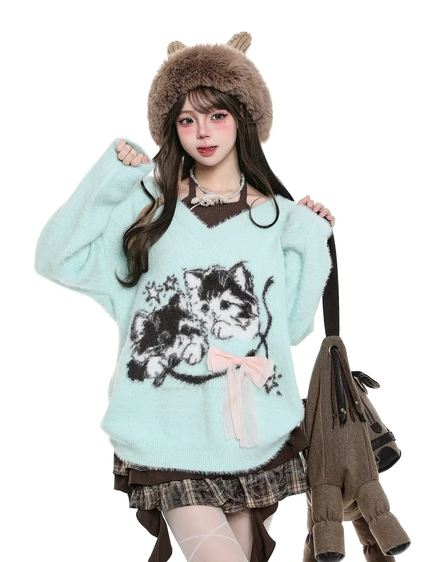Young Eyes Mint Cat Blue Black Soft Fleece Sweater - Image 4