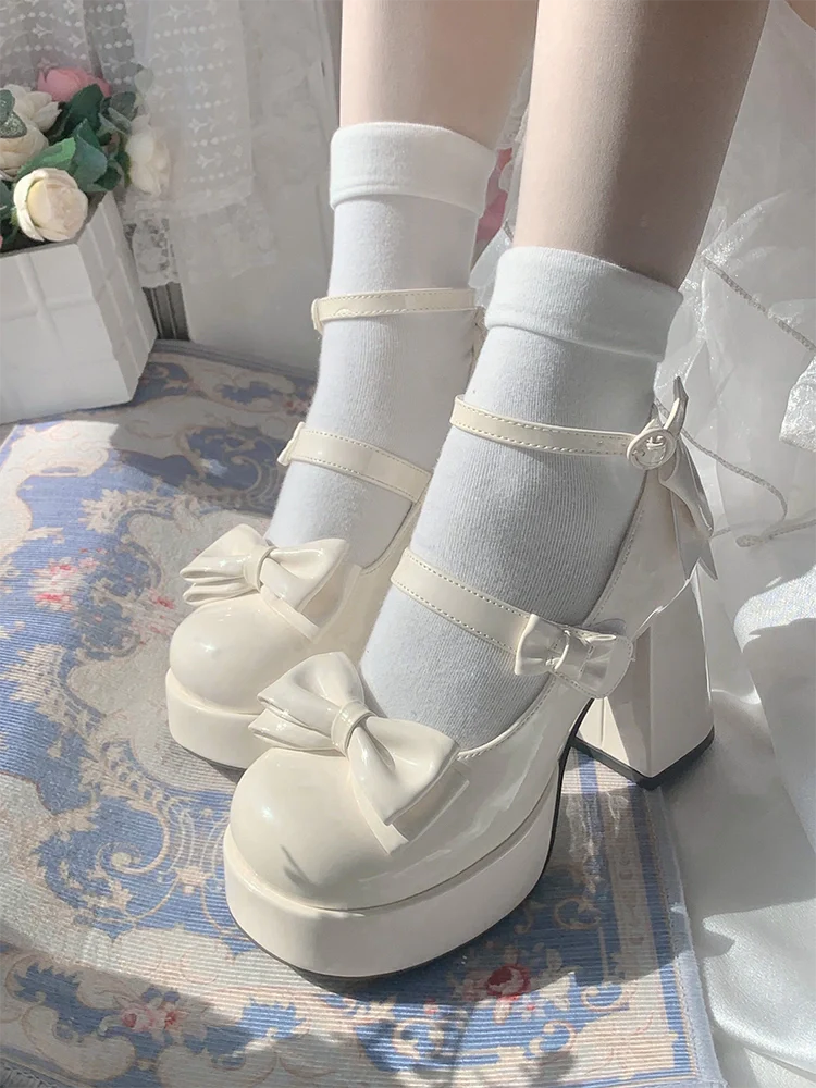 Moe Heart Tea Party Black White Cream Pink Blue Lolita High Heels Shoes - Image 7