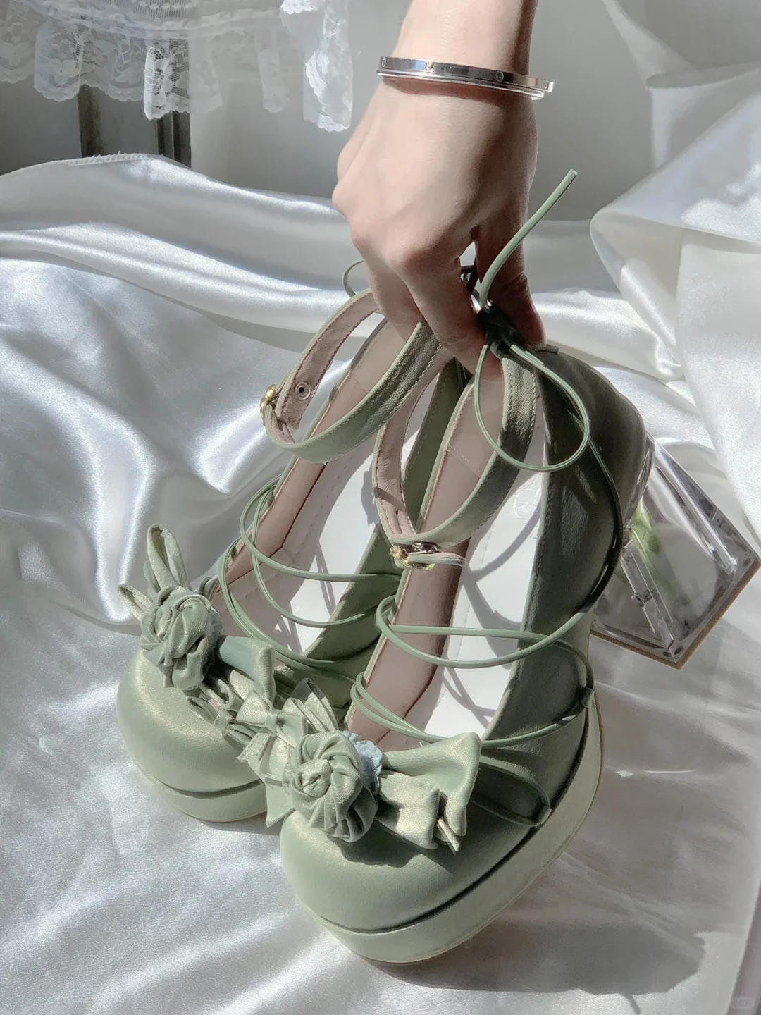 Moeka Chan Lolita Pink Blue White Black Green Butterfly Transparent Glass High Heels Shoes - Image 6